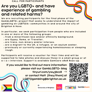 Black text against a cream background reads: "Call for participants. Are you LGBTQ+ and have experience of gambling and related harms? We are recruiting participants for the final phase of the GambLGBTQ+ project that seeks to understand the impact of gambling on LGBTQIA+ communities in and around the city of Brighton & Hove. In particular, we seek participation from people who are included in one or more of the following groups: - from a minoritised race and/or ethnicity background. - are Gypsy, Roma or Traveller. - are trans, non-binary and/or intersex. - are a migrant to the UK, a refugee, or an asylum seeker. - previously or currently experiencing homelessness or sleeping rough. Participants will receive a voucher for their time and will be supported to take photos and discuss these in a small group or at a 1-2-1 interview. Support is available GamCare 0808 8020 133. If you would like to find out more information please visit our GambLGBTQ+ blog tinyurl.com/yw43bcc8 or contact Matt (they/them) at LGBTQgambling@brighton.ac.uk." The logos for University of Brighton, YouGov, Brighton & Hove LGBT Switchboard and GambleAware are at the bottom of the page. There is a picture of the Progress Pride Flag, and two twisting lines - one in the Rainbow Pride Flag colours, and one in the Gender Fluid Flag colours.